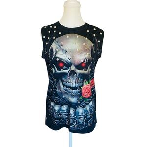 Thanabat Small Black Grommet Skull And Roses Sleeveless Shirt Halloween Punk